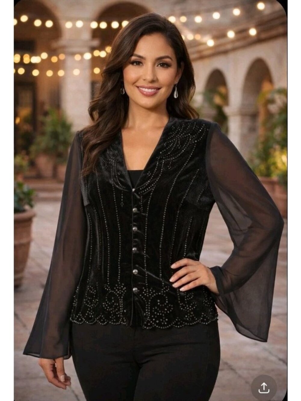 New Vintage Velvet Beaded Top Blouse Night Out Flared Long Sleeve Sz Small Black
